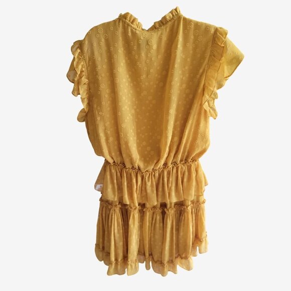 MISA Revolve Dress LILIAN Mini Yellow Safron Polka Dot Textured Ruffle L - Picture 4 of 9